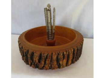 Vintage Mid-Century Modern Ellwood Turned Wooden Bark Bowl Nutcracker Set W/picks, Walnuts, Pecans, Etc.