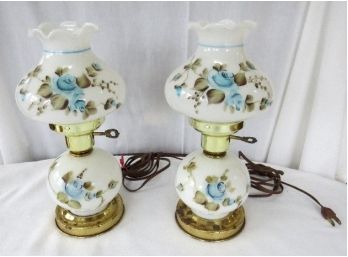 Matching Pair Of Hand Painted Floral Hurricane Style Dresser Or Night Stand Lights W/night Light Bases