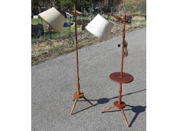 Two Spectacular Mid-Century Wooden Floor Lamps One W/center Table & The Very Best Star Cut Punched Shade!