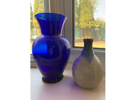 Pottery (signature Not Legible) And Blue Glass Vase