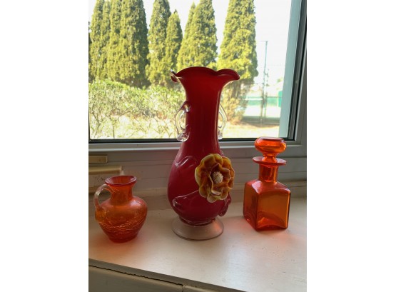 Vintage Art Deco 3 Coral Colored Glass - 1 Pretty Vase With Flower 5Dx10H And 2 Glass Containers 5-6H