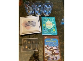 Various Judaica Items 3 Glasses, 2 Books, Platter And 6 Hors D'oeuvre Picks