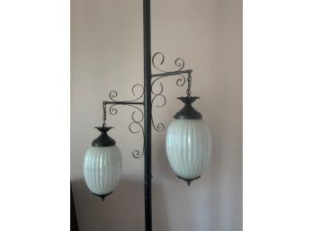 Vintage Mid Century Floor 3 Way Glass Lamp Tension Ceiling To Floor  Wrought Iron&Wood 2 Lamps Sold Separately
