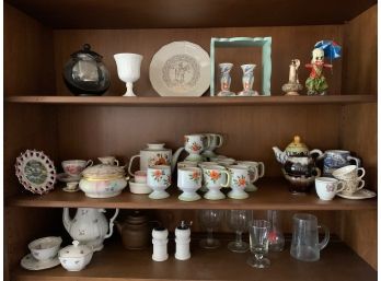 Top 3 Shelves Of Miscellaneous Household Serveware, Decor Etc. 57 Pieces