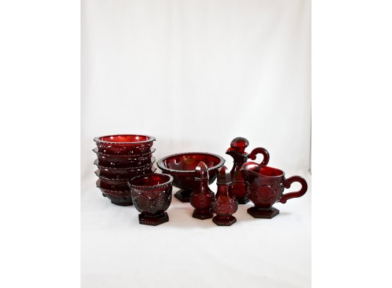 11 Pc. Vintage Avon Cape Cod Collection Ruby Red Depression Glass Set