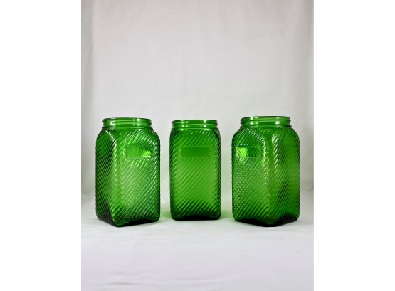 Set Of 3 Green Ribbed Glass Jars