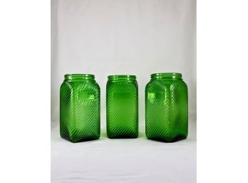 Set Of 3 Green Ribbed Glass Jars