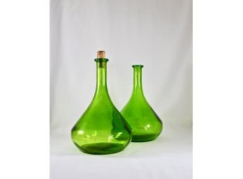Vintage Large Green Glass Corked Decanters