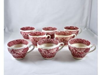 Set Of 8 English Red And White Teacups