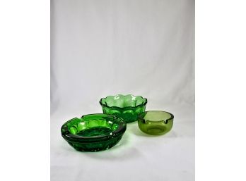 Set Of 3 Vintage Glassware Pieces - 2 Ashtrays, 1 Decorative Dish