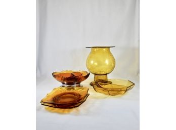 Lot Of Amber Glass Pieces  - 2 Plates, Bowl, Dish, Vase