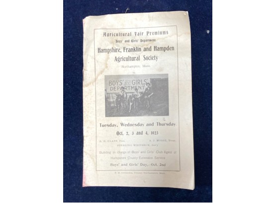 1923 AGRICULTURAL FAIR PREMIUMS, Hampshire-Franklin & Hampden Ag Fair