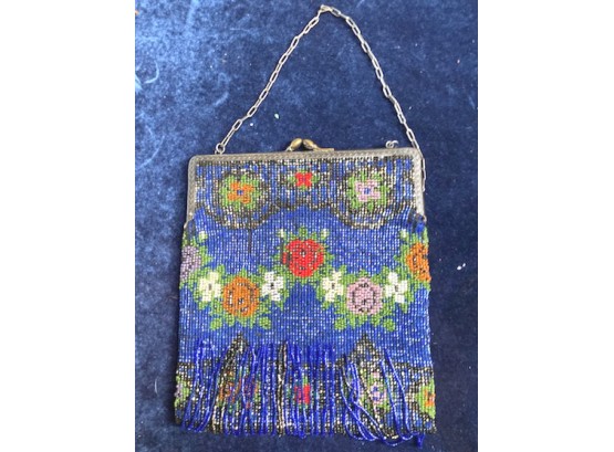 Outstandng Multi-Colored Beaded Purse, Blue Is Dominant Color, Floral Design