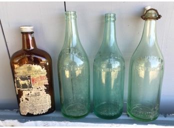 FOUR Vintage Bottles, One With Partial Label, Others Embossed