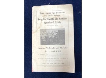 1923 AGRICULTURAL FAIR PREMIUMS, Hampshire-Franklin & Hampden Ag Fair
