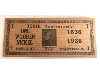 1936 Wooden Nickel SPRINGFIELD, MASS. 300th Anniversary, Real Wood