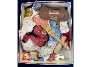 Box With Doll Clothing, Purse, Hangers, Smalls Etc