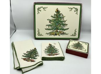 6 New Spode Cork Placemats, Cork Coasters & Napkins ~ Christmas Tree ~