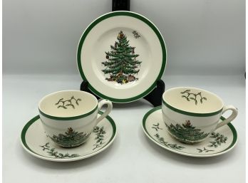 Spode 2 Cups & Saucers W/bread Plate ~ Christmas Tree ~