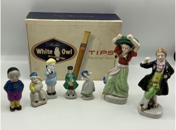 Japanese Figurines & White Owl Cigar Box