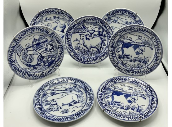 Adorable 7 Farm Animal Blue & White Plates