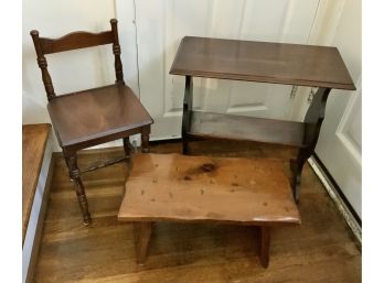 Vintage Wood Table, Chair & Small Bench