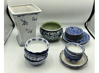 Blue & White Tall Vase, Cereal Bowls, Planter, Plates
