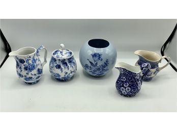 3 Vintage Creamers, Sugar Bowl & Vase ~ Blue Chintz, London Pottery & More ~