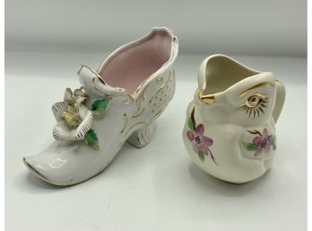 Porcelain Bird Creamer & Porcelain Decorative Shoe