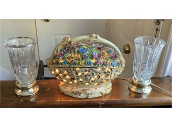 Lighted Porcelain Flower Basket & Pair Lighted Lamps