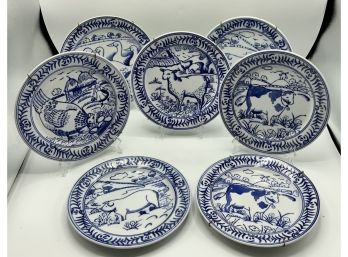 Adorable 7 Farm Animal Blue & White Plates