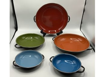 5 Vintage Enamel Pans ~ Red, Orange Green & Blue ~ Made In Yugoslavia