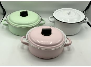 3 Vintage Enamel Pots ~ Pink, Green & White ~