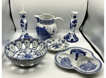Blue & White Porcelain Water Pitcher, Candlesticks, Lattice Bowl & More