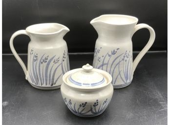 Beautifully Decorated 3 Pcs Pottery ~ 2 Pitchers & Sugar Bowl ~