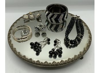 Antique Mirrored Vanity Tray & Jewelry