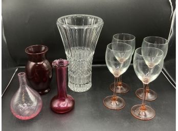 Glass Lot ~ Beautiful Crystal, 4 Pink Bottom Wine Glasses & More ~