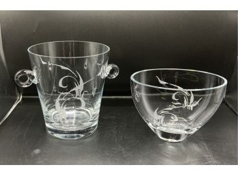 Beautiful Signed Glass Ice Bucket & Vase