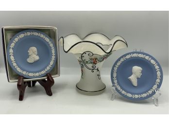 2 Small Wedgwood Plates  & Gorgeous Ruffled Top Frosted Satin Glass Beaded Dish.