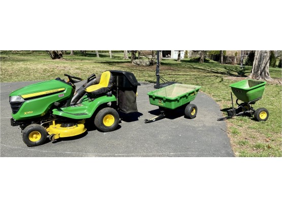 John Deere X350 Riding Tractor With 42' Mower, Clipping Catcher, 10P Dump Trailer And Spreader