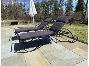 Two Beautiful, Vintage Midcentury Rolling Wrought Iron Chaise Lounges With Cushions