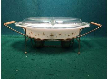 Vintage Pyrex Cinderella Divided Serving Dish With Twin Candle Warmer Cradle Made In USA. No Cracks Or Chips.