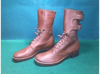 Original World War II U.S. 10 1/2A Double Buckle Brown Leather Combat Boots. Wingfoot Goodyear Made In U.S.A.