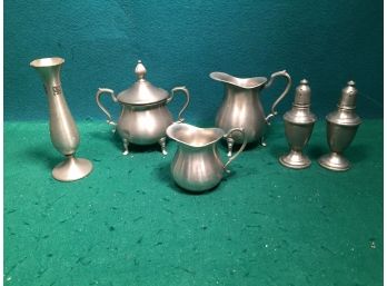 Lot Of Pewter. Web Creamers And Sugar, International Salt And Pepper Schohaus Genuine Pewter Bolivia Bud Vase.