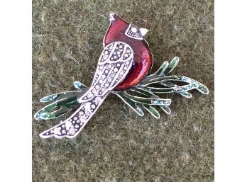 Vintage Red Cardinal Enamel With Marcasites On Evergreen Branch Pin.