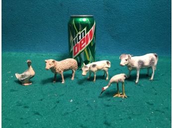 Antique Farm Animals. Bull Marked Germany, Calf Marked Germany, Sheep, Metal Bird With Long Neck,  Lead Duck.