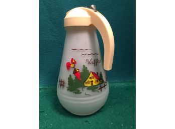 Vintage Hazel Atlas Gay Fad Frosted Glass Waffle Pitcher Hand Painted With Rooster, Barn, Windmill, Horse.