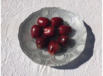 Beautiful Glass Center Piece Bowl With 8 Artificial Delicious Apples. Measures 15 3/8' Across.