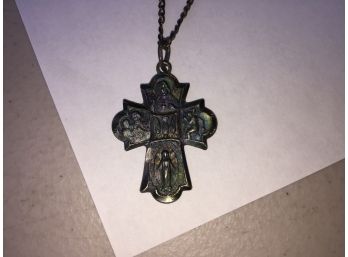 Vintage Sterling Silver Religious Medal On Sterling Chain. Beautiful Patina.
