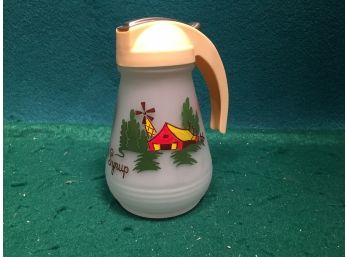 Vintage Hazel Atlas Gay Fad Frosted Glass Syrup Pitcher Hand Painted With Rooster, Barn, Windmill, Horse.